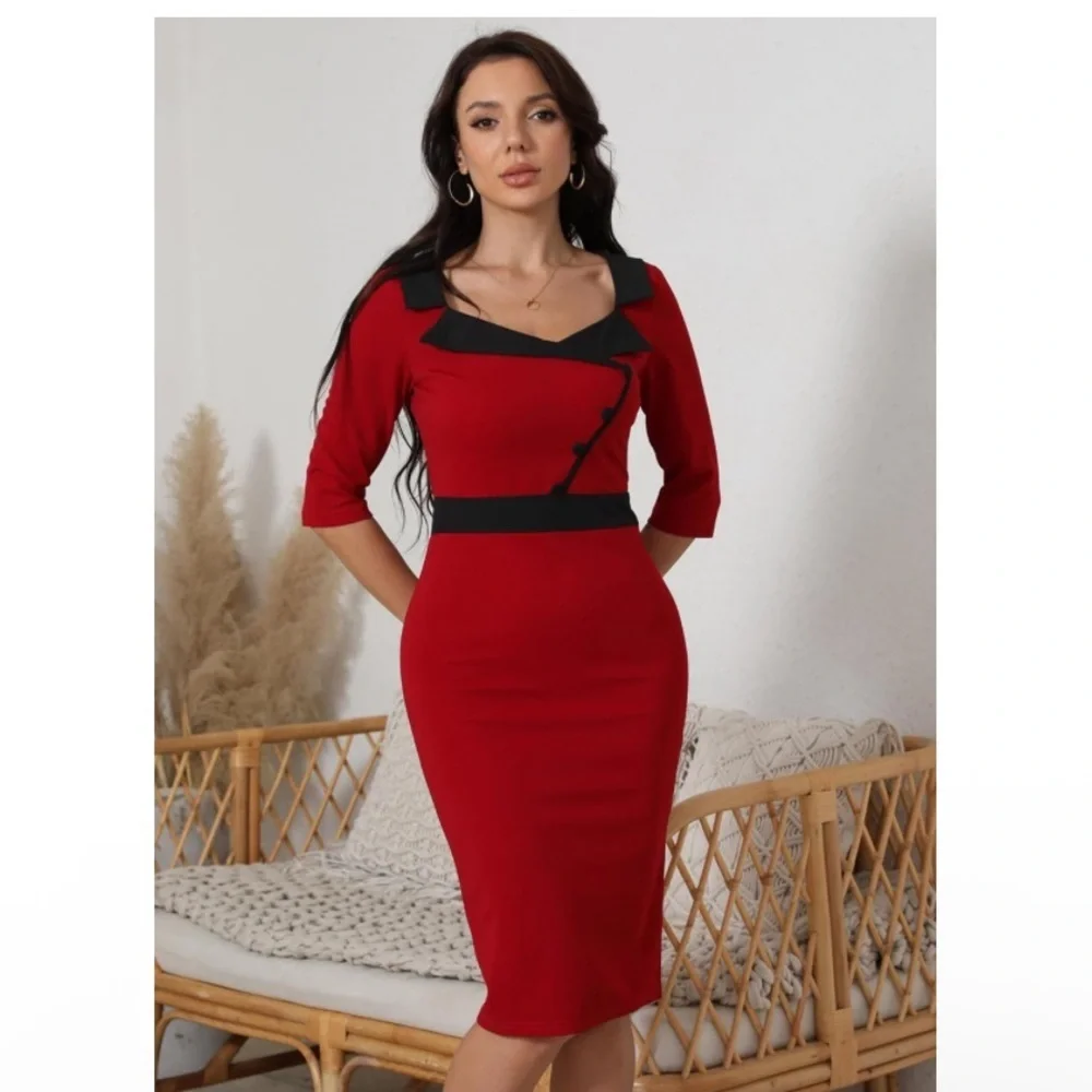 Red Bodycon Pencil Dress | Black Trim | Knee Length | Retro Chic Sz Medium